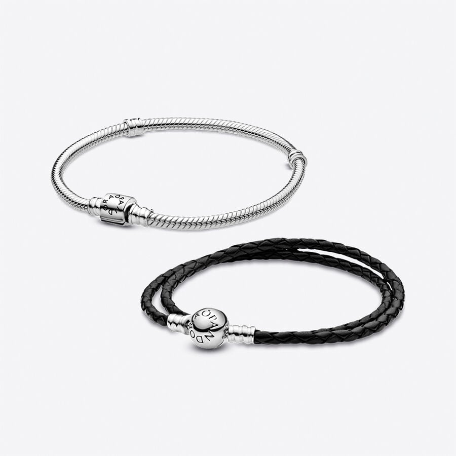Coffret Cadeau Bracelet en Cuir Noir et Bracelet Maille Serpent Fermoir Barillet Pandora Moments image number 0
